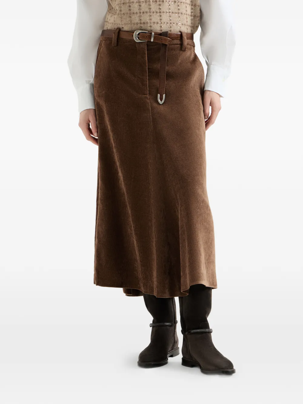 Brunello Cucinelli Ribfluwelen rok met Monili Bruin