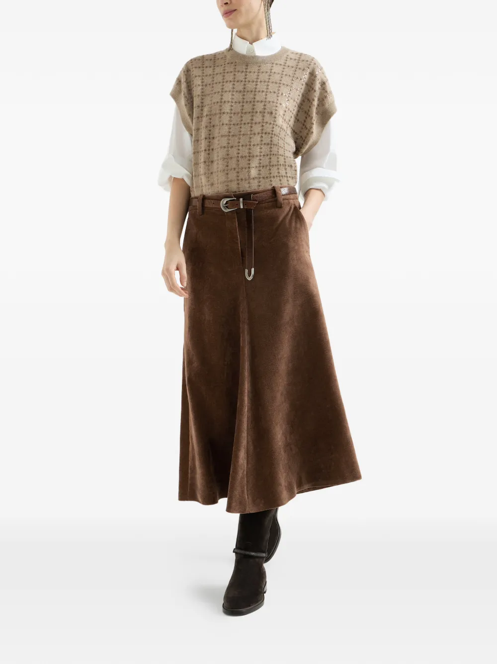 Brunello Cucinelli Ribfluwelen rok met Monili Bruin