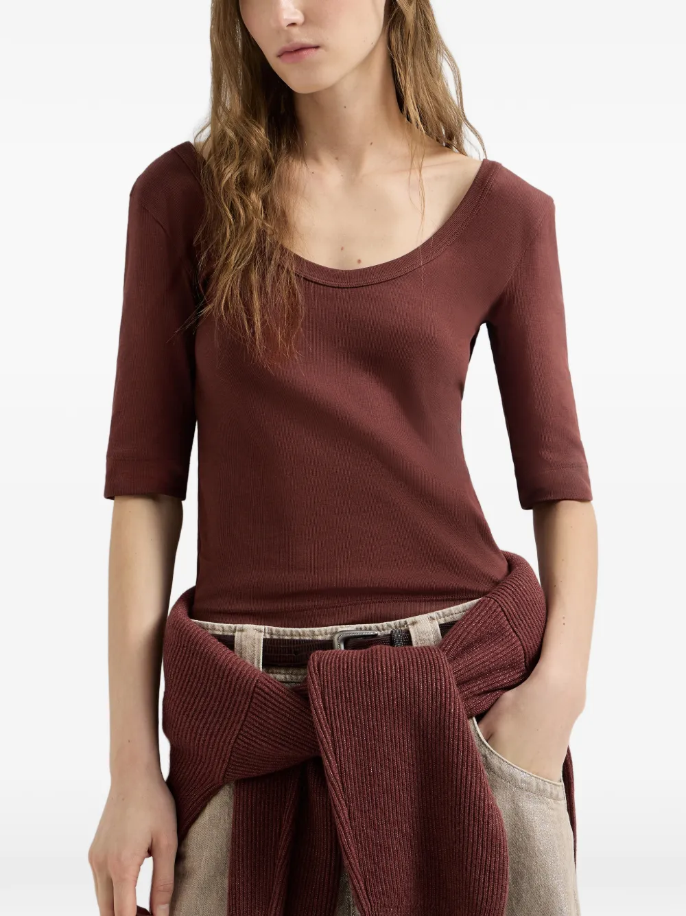 Brunello Cucinelli Stretch katoenen geribbelde jersey top met monili-verfraaiing Rood