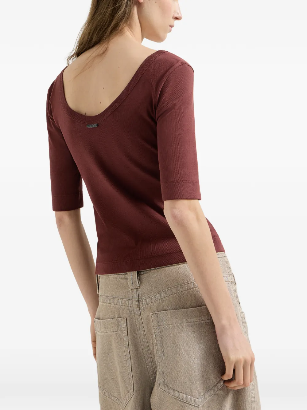 Brunello Cucinelli Stretch katoenen geribbelde jersey top met monili-verfraaiing Rood