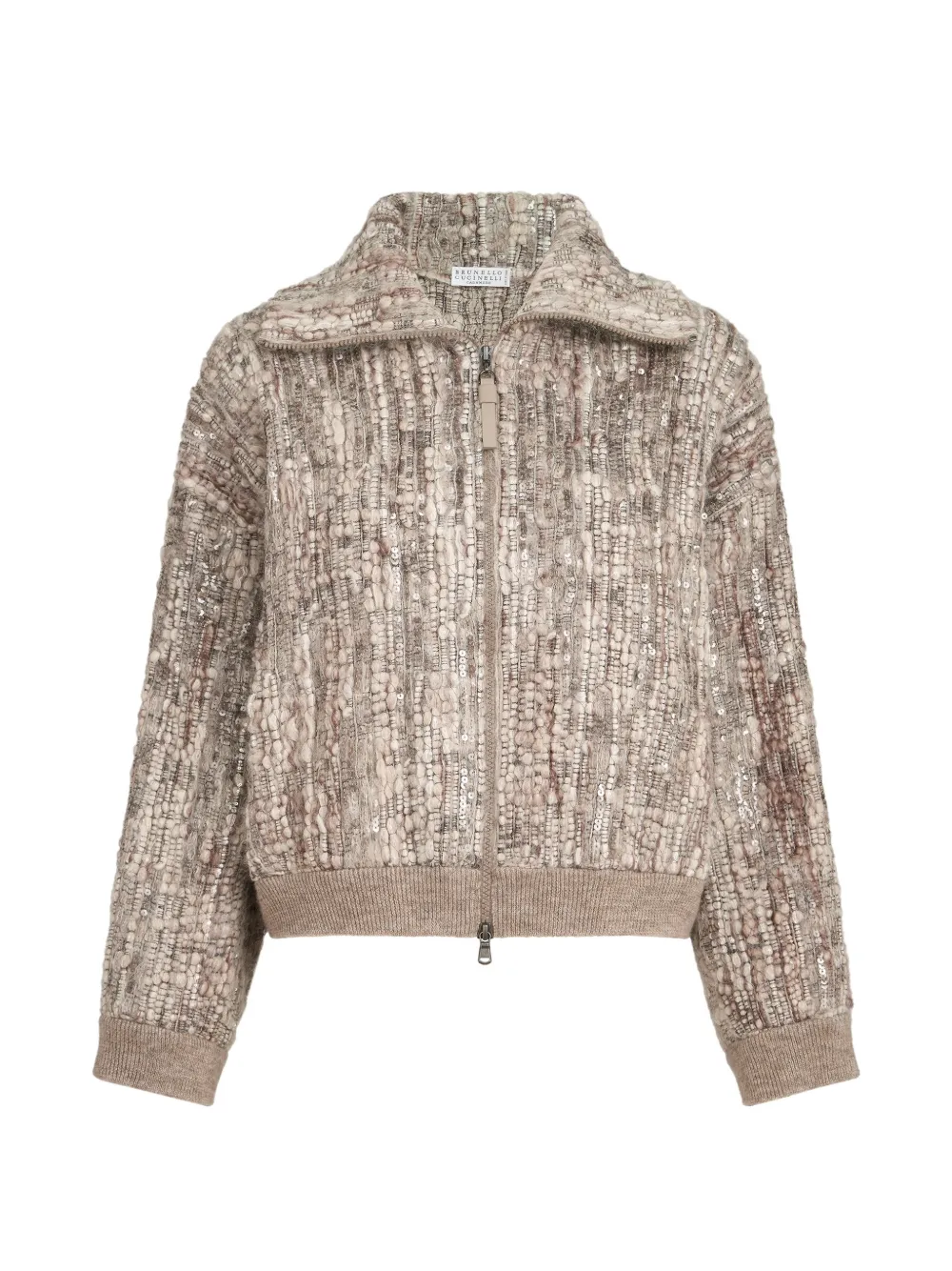 Brunello Cucinelli Cardigan aus Mohair und Wolle mit schimmernder Baumrinden-Stickerei - Nude