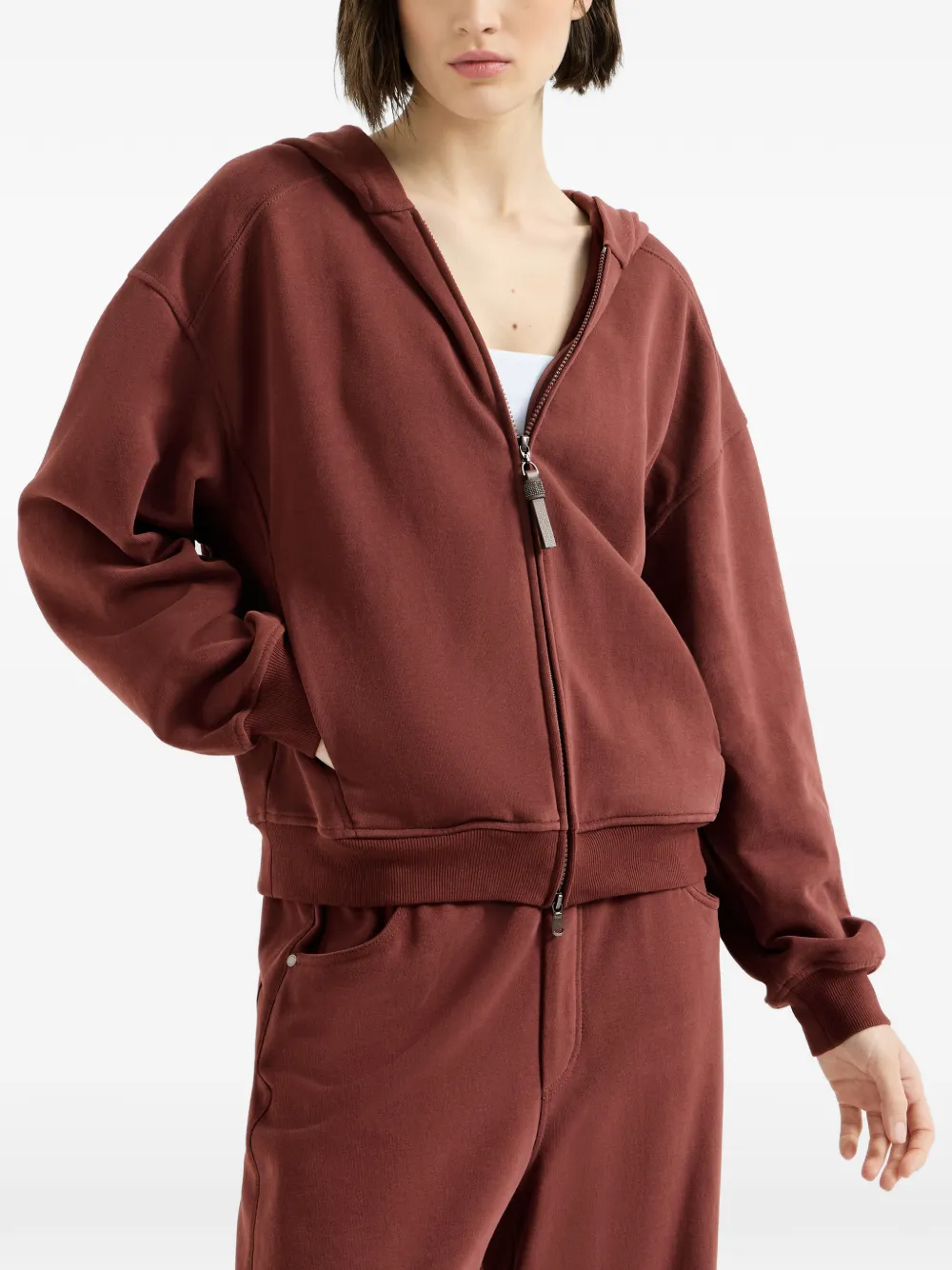  Brunello Cucinelli Topwear En éponge Française Lisse En Coton Avec Fermeture éclair Brillante - Rouge 