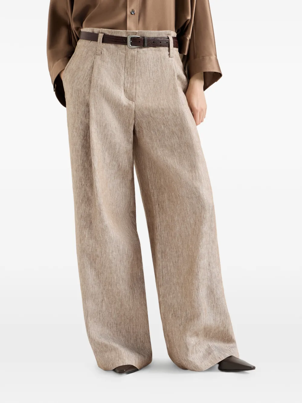 Brunello Cucinelli Linnen-denim A-lijn plooibroek met monili-verfraaiing Beige