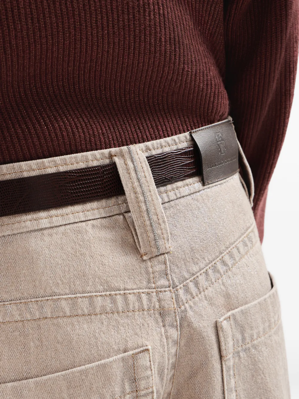 Brunello Cucinelli Beige lamé-denim baggy broek met monili