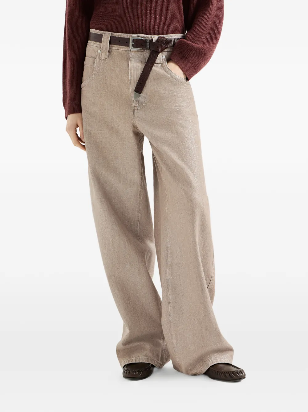Brunello Cucinelli Beige lamé-denim baggy broek met monili
