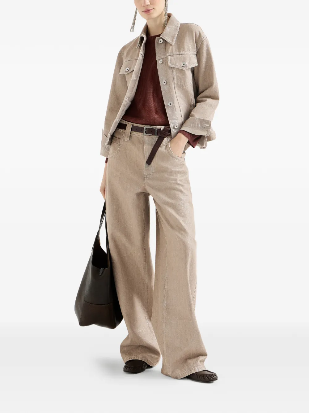 Brunello Cucinelli Beige lamé-denim baggy broek met monili