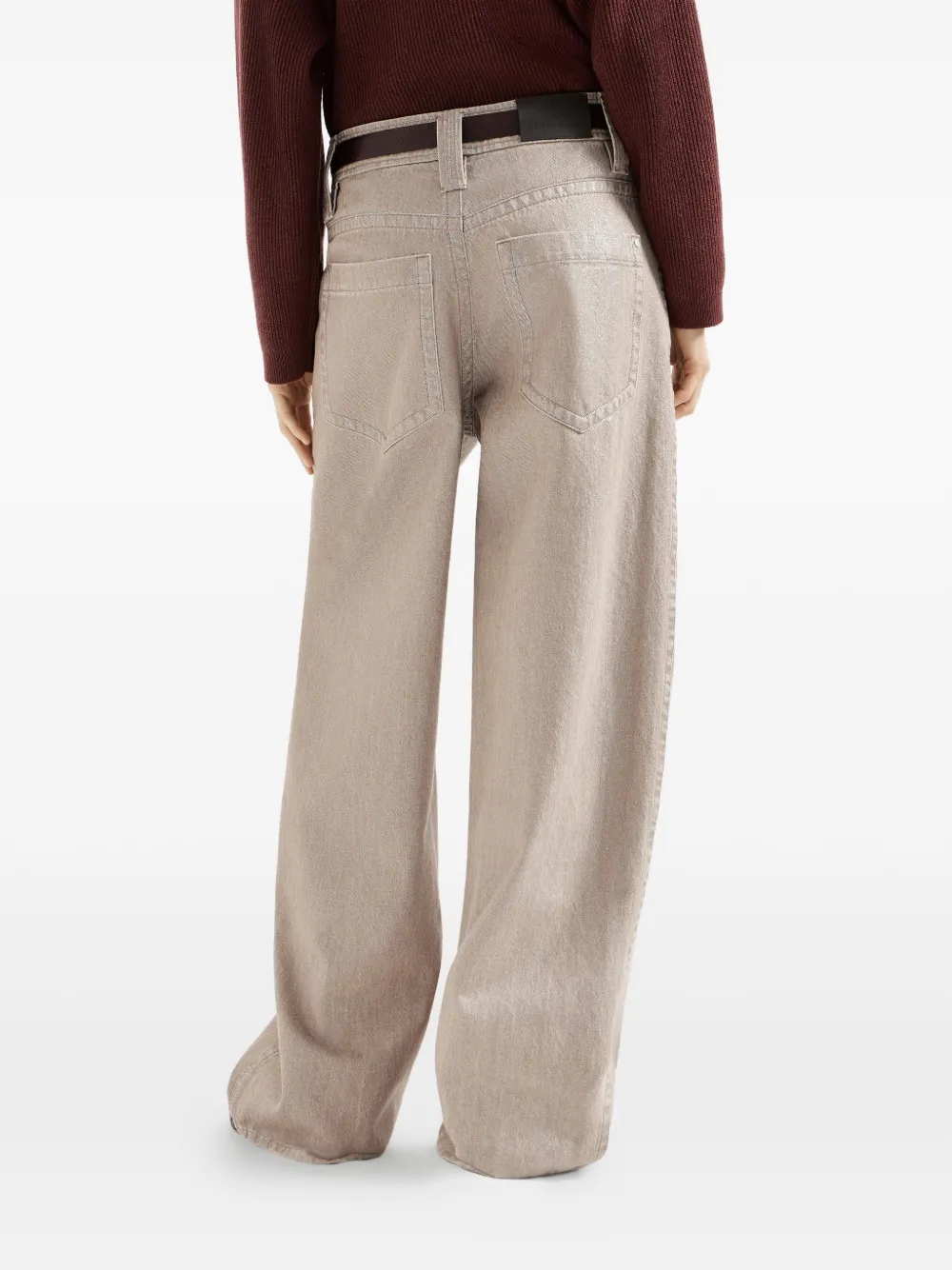 Brunello Cucinelli Beige lamé-denim baggy broek met monili