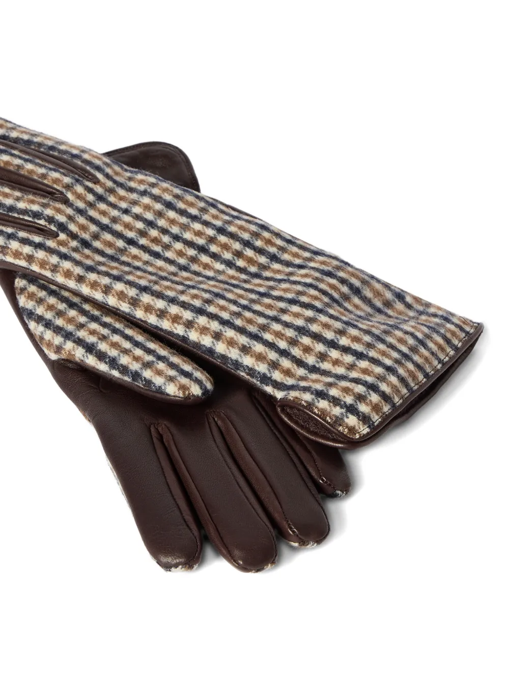 Brunello Cucinelli Geruite scheerwollen flanellen en leren handschoenen Bruin