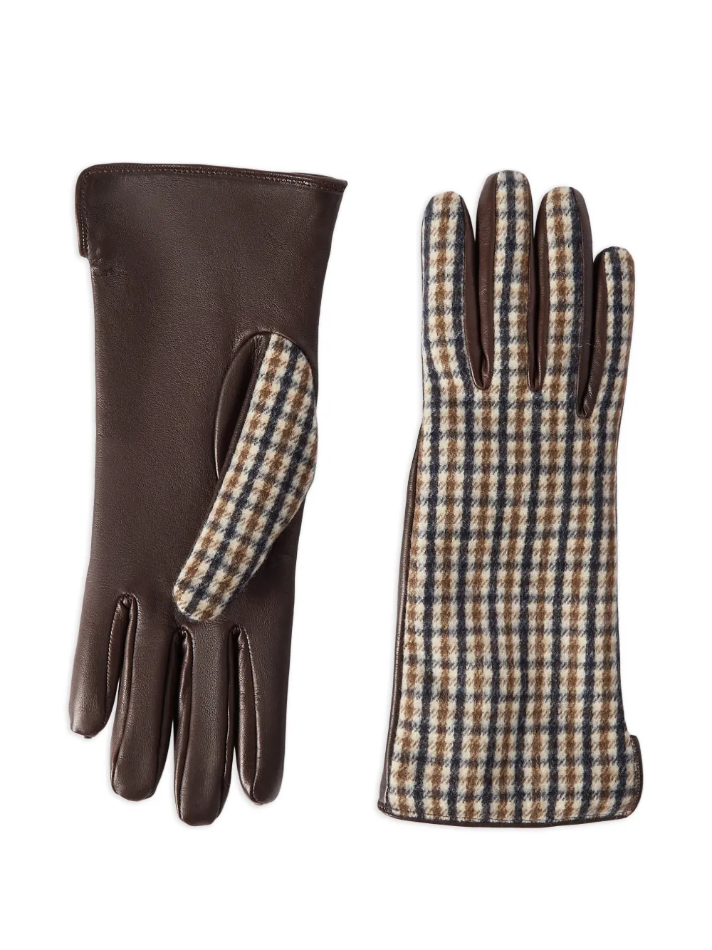 Brunello Cucinelli Geruite scheerwollen flanellen en leren handschoenen Bruin
