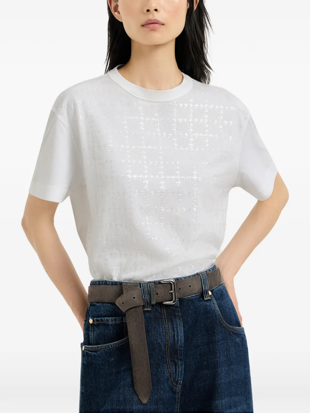 Brunello Cucinelli T-shirt van katoenen jersey met borduurwerk Wit