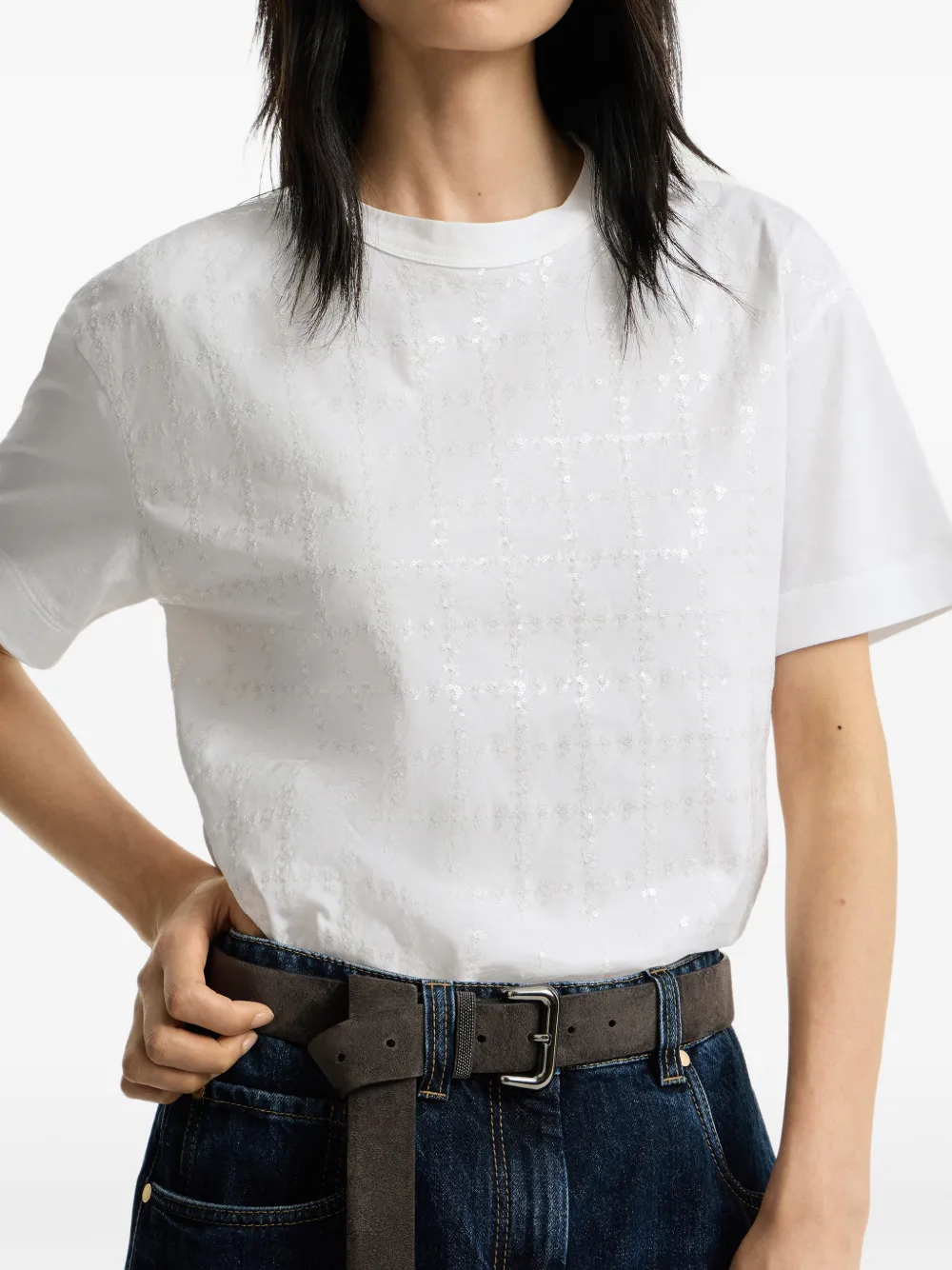 Brunello Cucinelli T-shirt van katoenen jersey met borduurwerk Wit