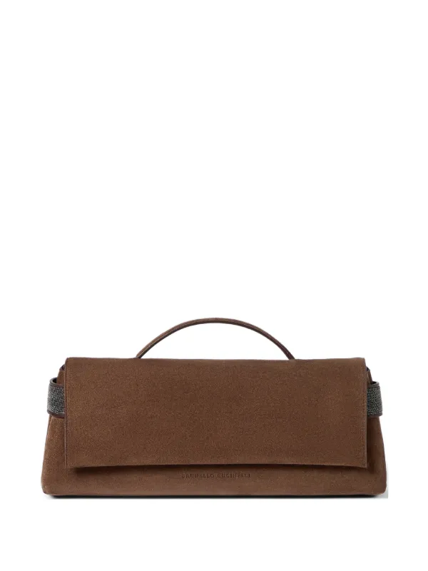 Brunello Cucinelli Essence Clutch Bag in Suede with Precious Bands in Brown