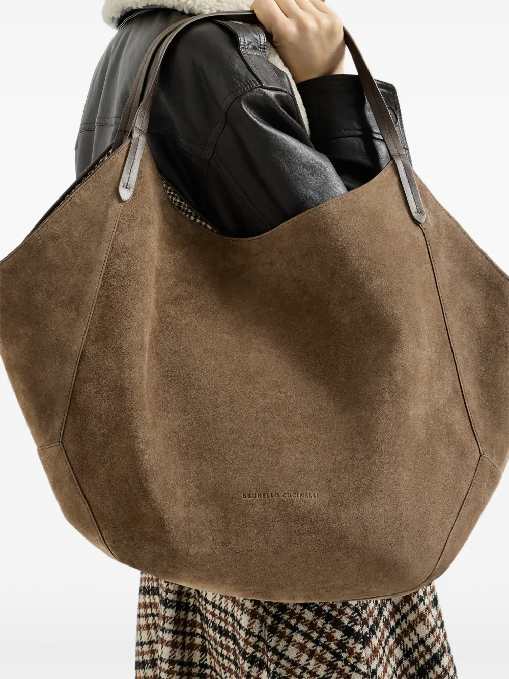  Brunello Cucinelli Sac De Shopping Bc Duo En Alpaga Waterproof Et Laine Prince De Galles Avec Monili - Marron 