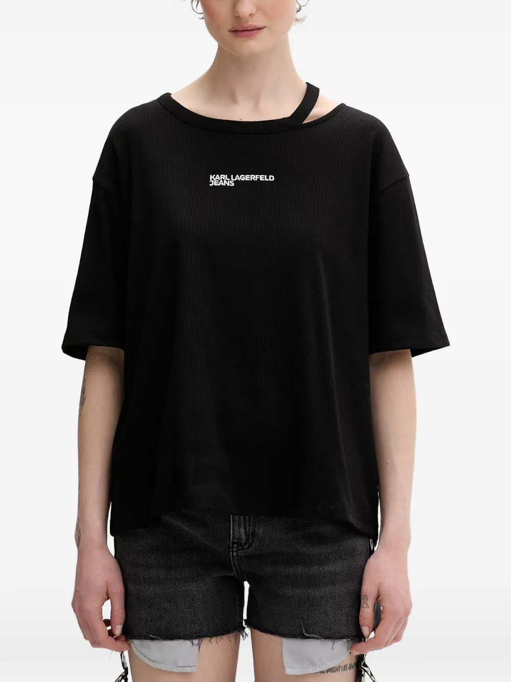 Karl Lagerfeld Jeans logo-print cut-out T-shirt - Nero