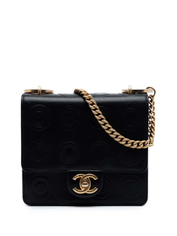 Chanel Pre-owned 2019 Mini Square Calfskin Coco Embossed Flap Crossbody Bag in Black