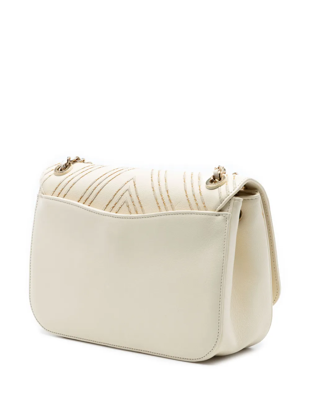 Chanel Pre-owned 2017-2018 Large Chevron Sheepskin Subtle Flap Crossbody Bag in White, view 3