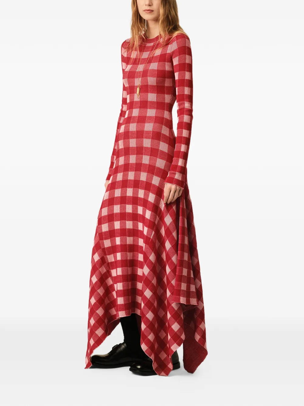 AMI Paris Geruite wollen maxi-jurk met katoenen print Rood