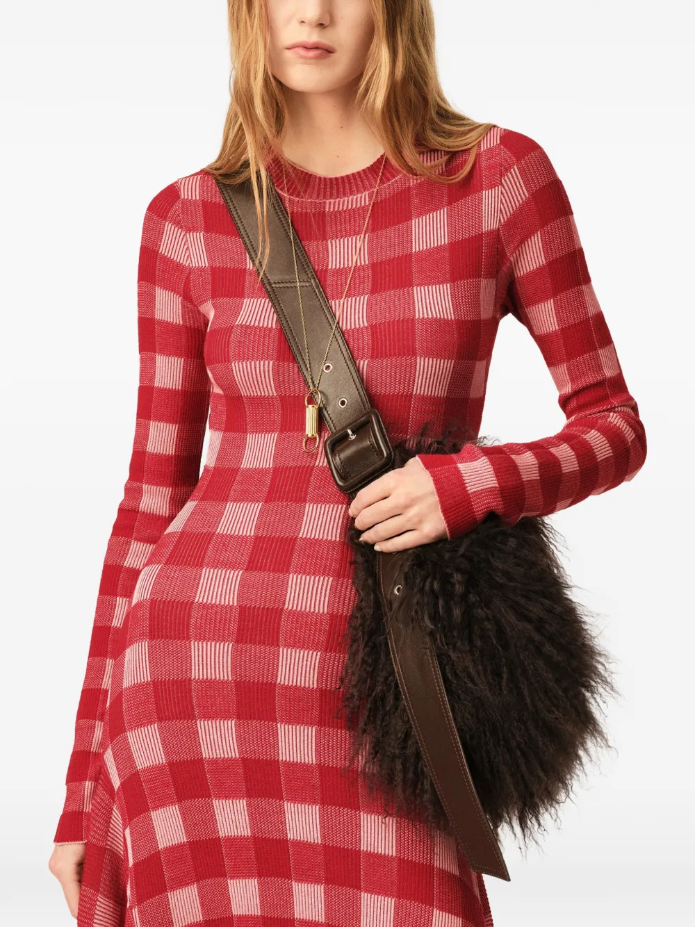 AMI Paris Geruite wollen maxi-jurk met katoenen print Rood