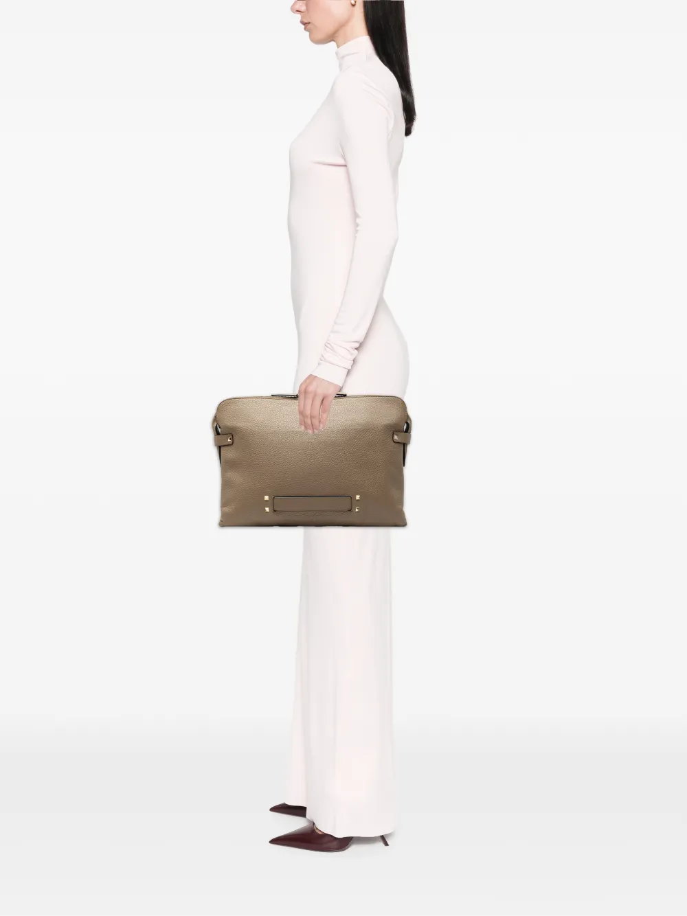  Valentino Garavani Pre-owned Pochette En Cuir De Veau Grainé à Ornements Rockstud (2018-2026) - Marron 