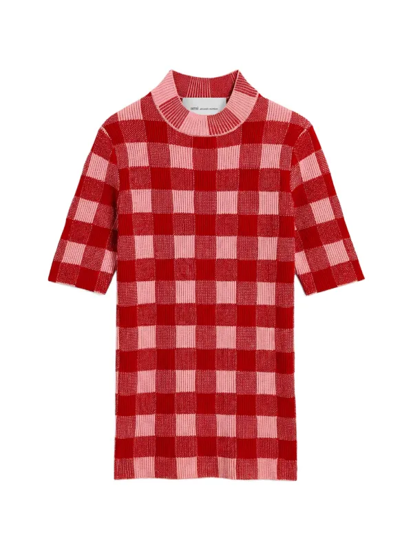 Ami Paris Pink Checkered Wool and Cotton Short-sleeve Sweater