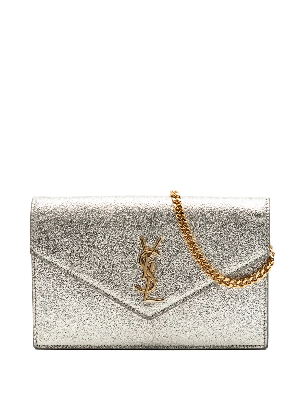 Saint Laurent Pre-Owned 2000-2026 Metallic Textured Calfskin Envelope Wallet On Chain crossbody bag - Argento