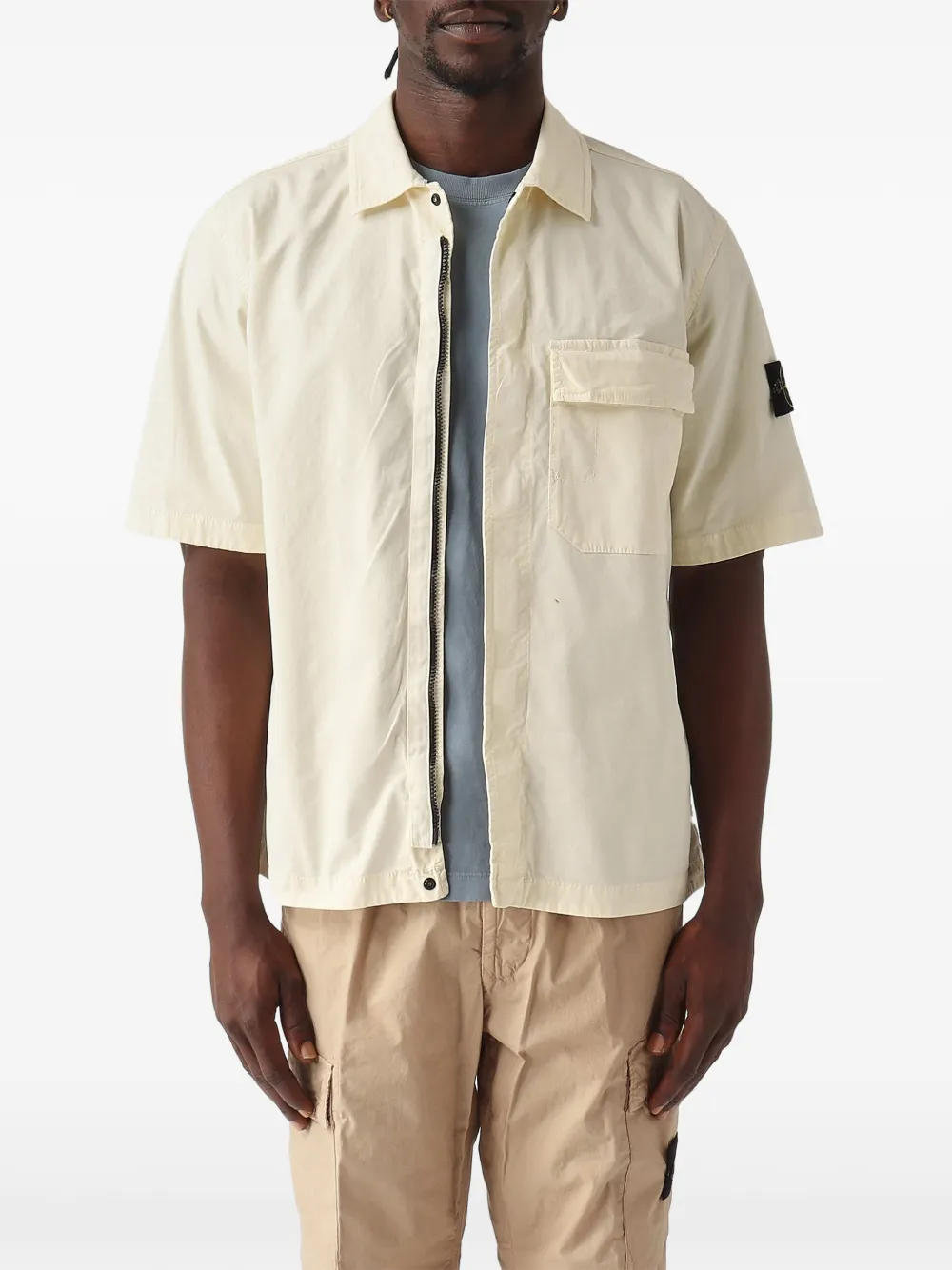 Stone Island logo-patch short-sleeve shirt jacket - Bianco