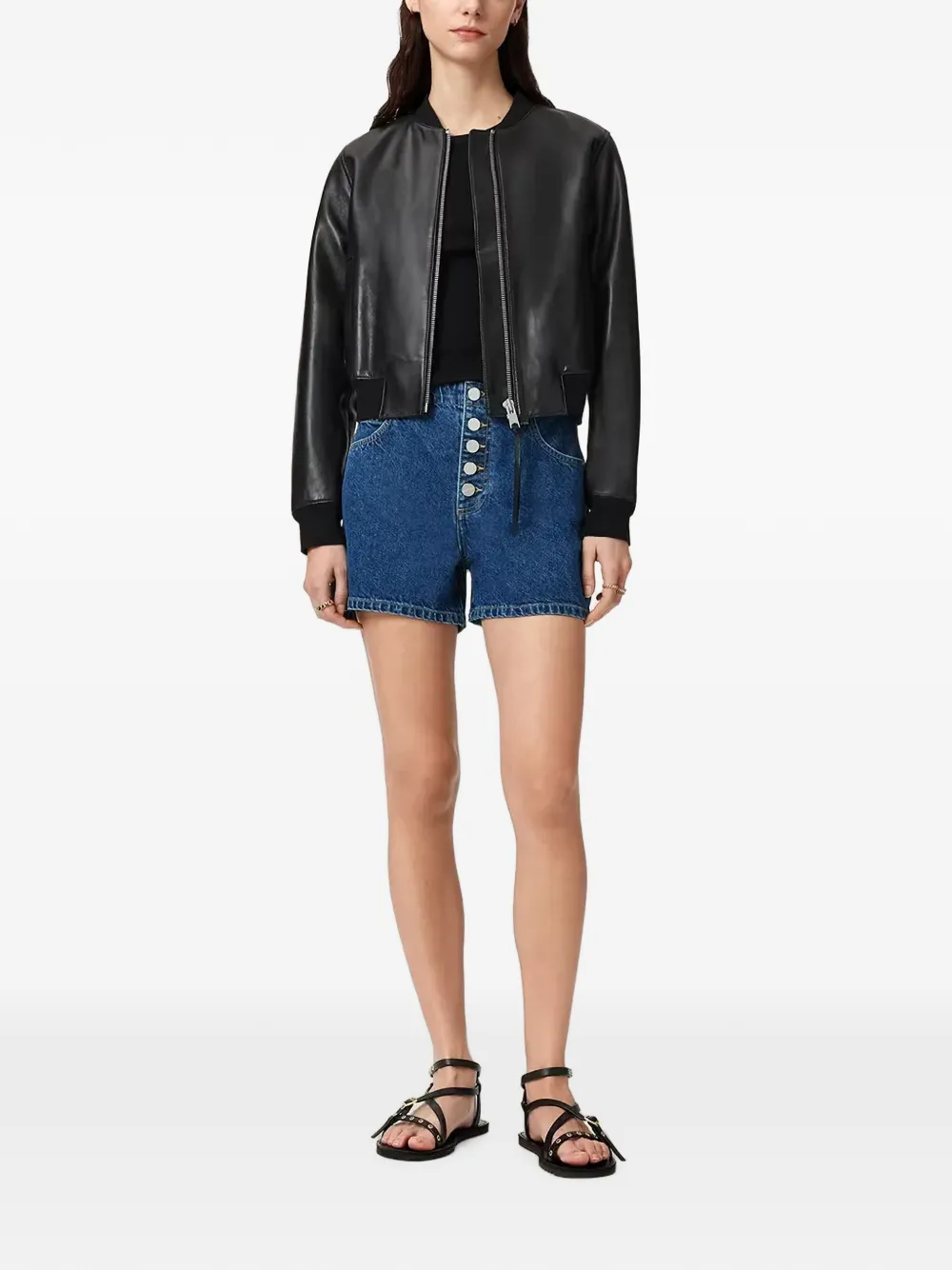 AllSaints Mid-waist denim shorts met knopen Blauw