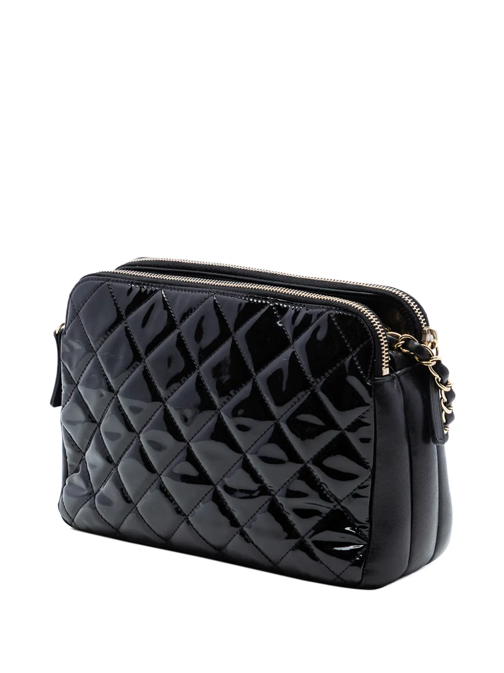 Chanel Pre-owned 2014-2015 CC Quilted Patent Double Zip Camera Bag Shoulder Bag in Black, view 3