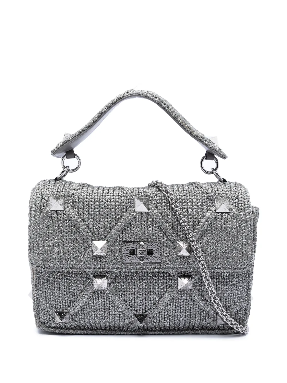 Pre-owned Valentino Garavani 2018-2025 Large Metallic Knit Roman Stud Satchel In Silver