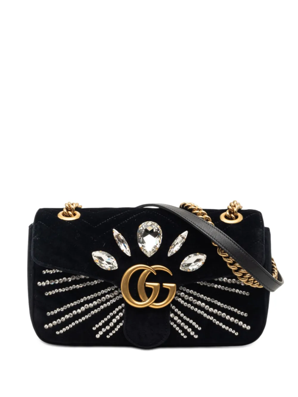 Gucci Pre-Owned 2000-2015 Medium GG Marmont Matelasse Velvet Crystal Embellished shoulder bag - Nero