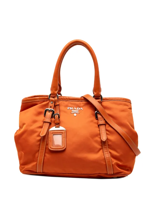 Prada Pre-owned 2010-2026 Soft Calf Trimmed Tessuto Satchel in Orange