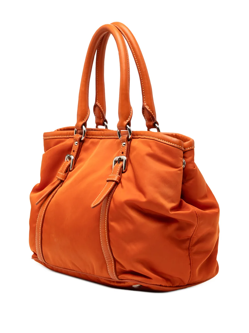 Prada Pre-owned 2010-2026 Soft Calf Trimmed Tessuto Satchel in Orange, view 3