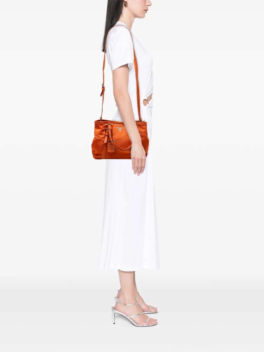 Prada Pre-owned 2010-2026 Soft Calf Trimmed Tessuto Satchel in Orange, view 2