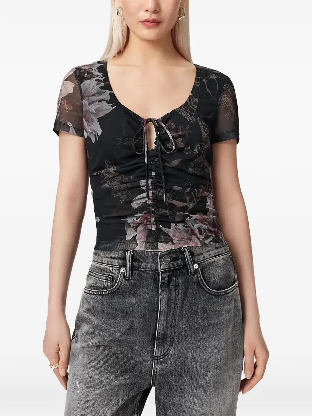 AllSaints floral-print slim fit ruched T-shirt - Nero