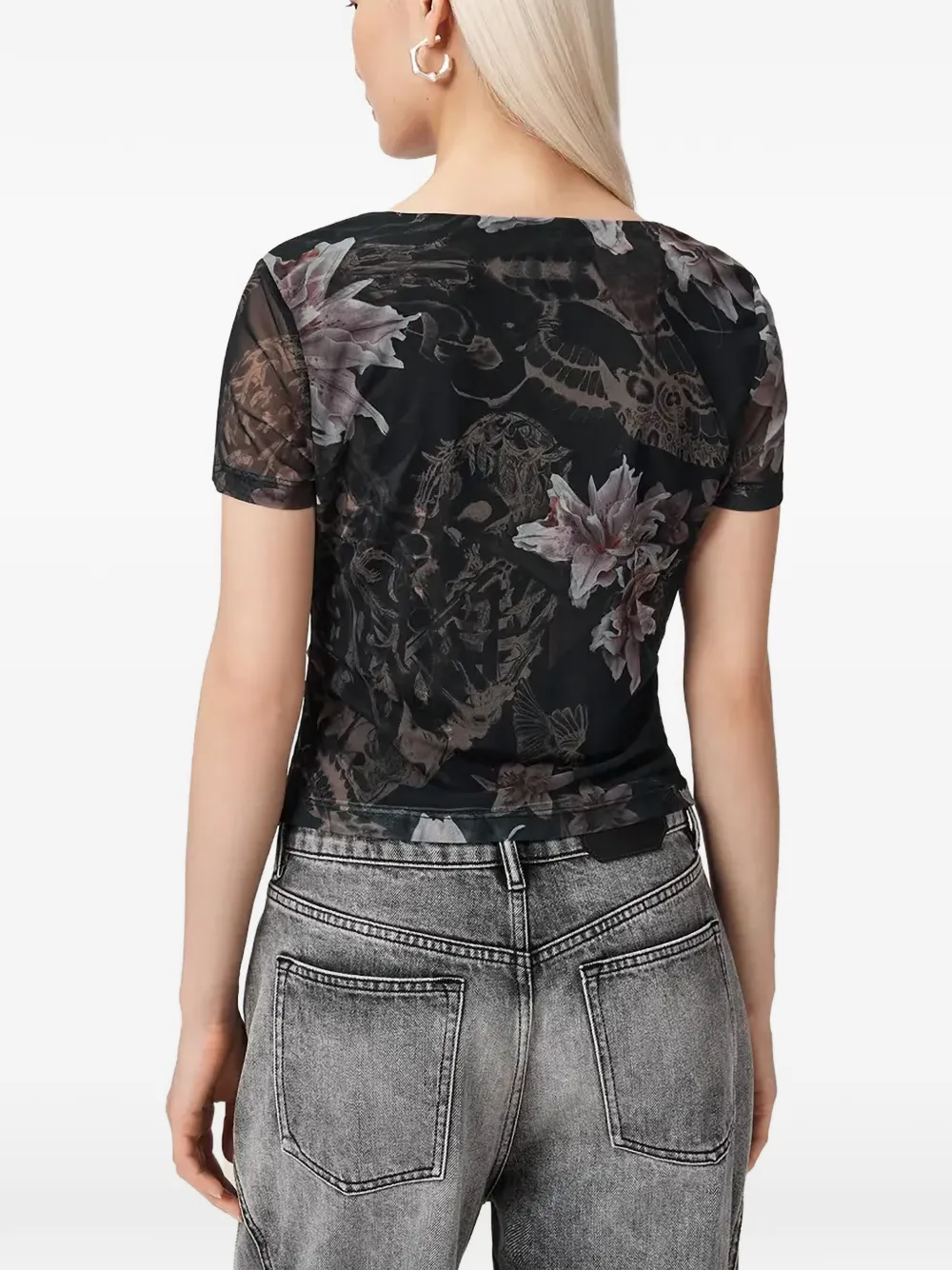 AllSaints Slim-fit T-shirt met ruches en bloemenprint Zwart