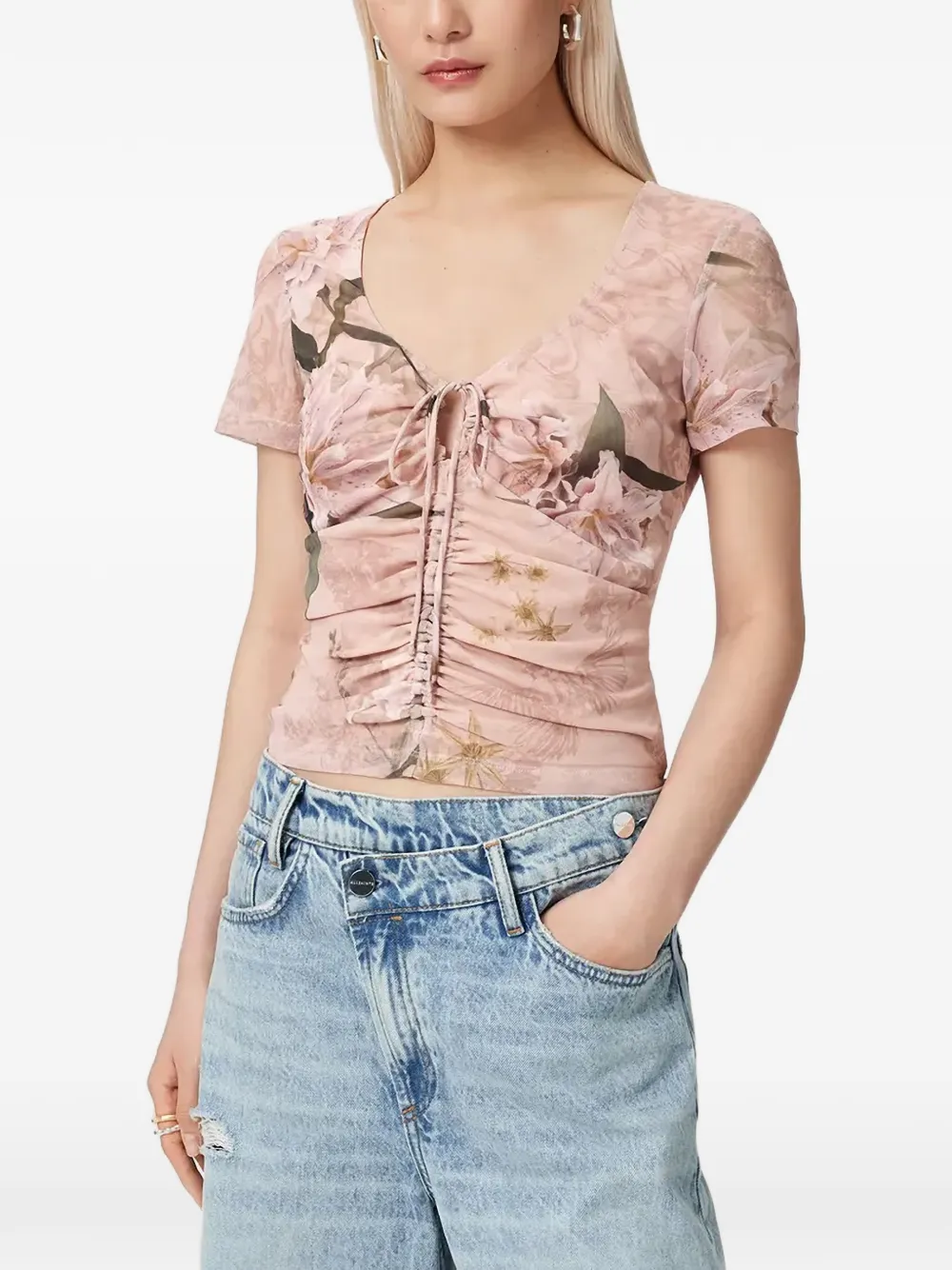 AllSaints floral-print ruched slim fit T-shirt - Rosa