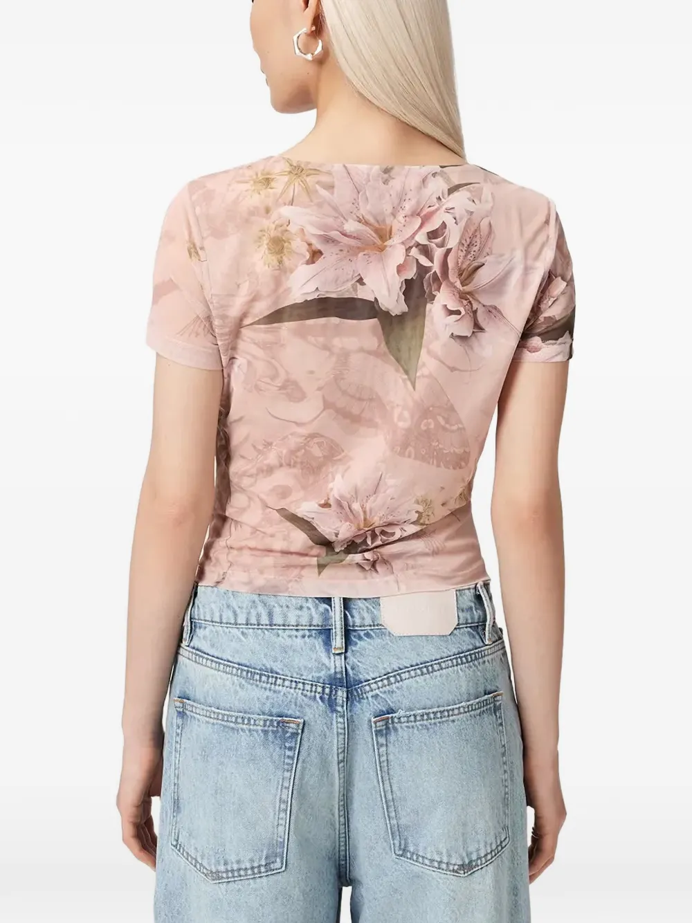 AllSaints Getailleerd T-shirt met bloemenprint en ruches Roze