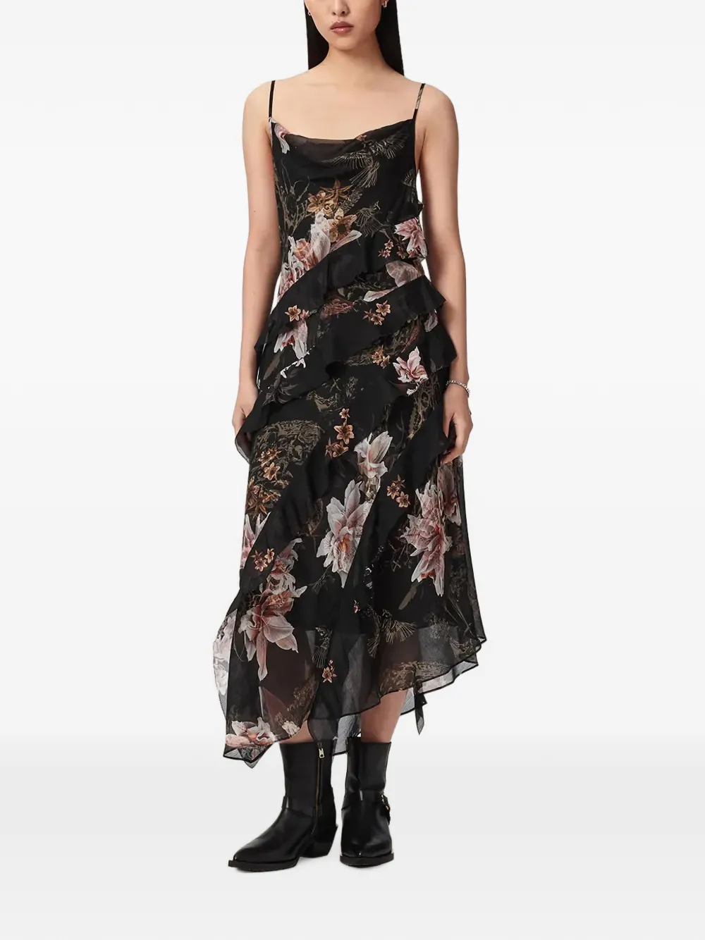 AllSaints floral-print ruffled maxi dress - Nero