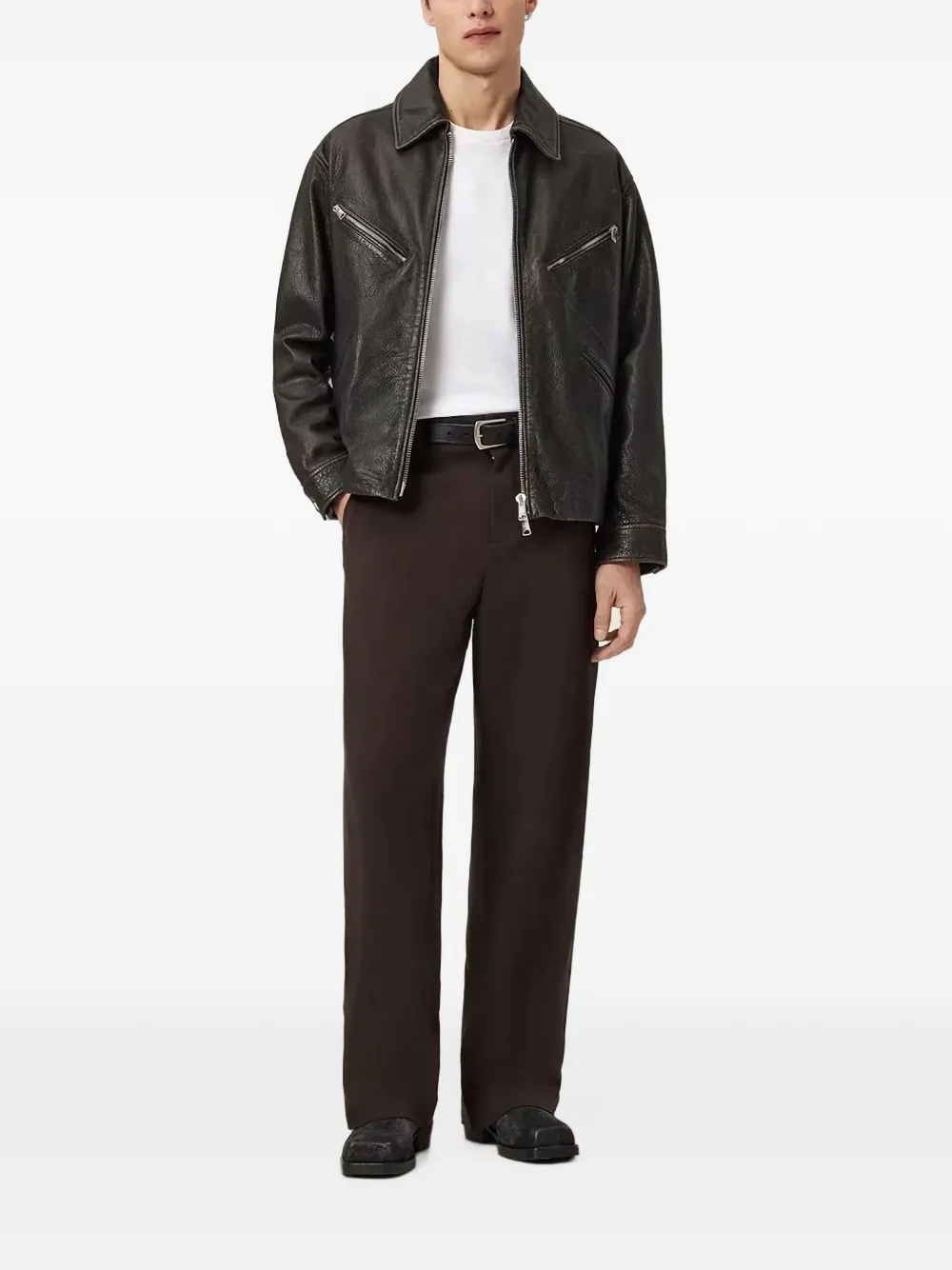 AllSaints Leren jack met rits Zwart