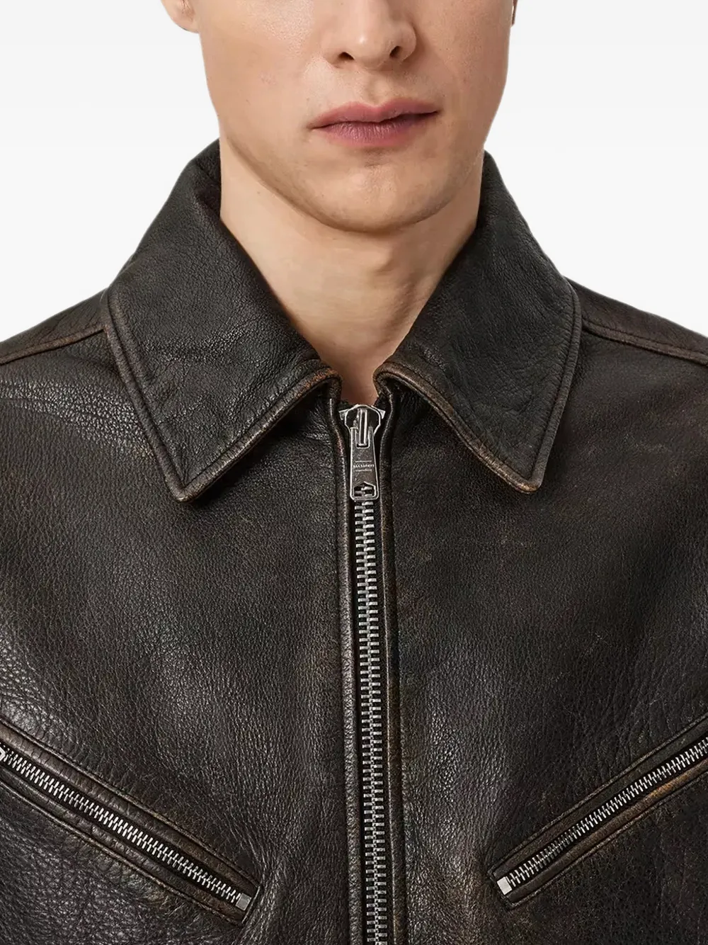 AllSaints Leren jack met rits Zwart