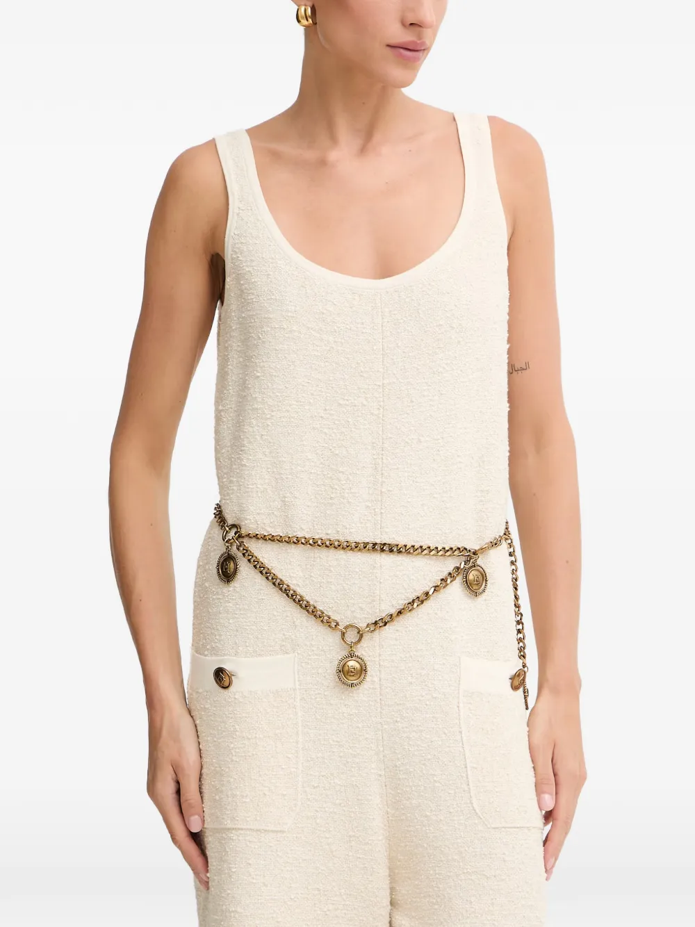 Elisabetta Franchi Jumpsuit met franje en kettingriem Beige
