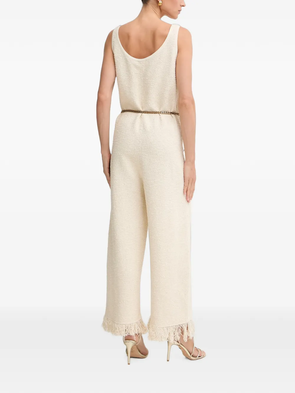Elisabetta Franchi Jumpsuit met franje en kettingriem Beige