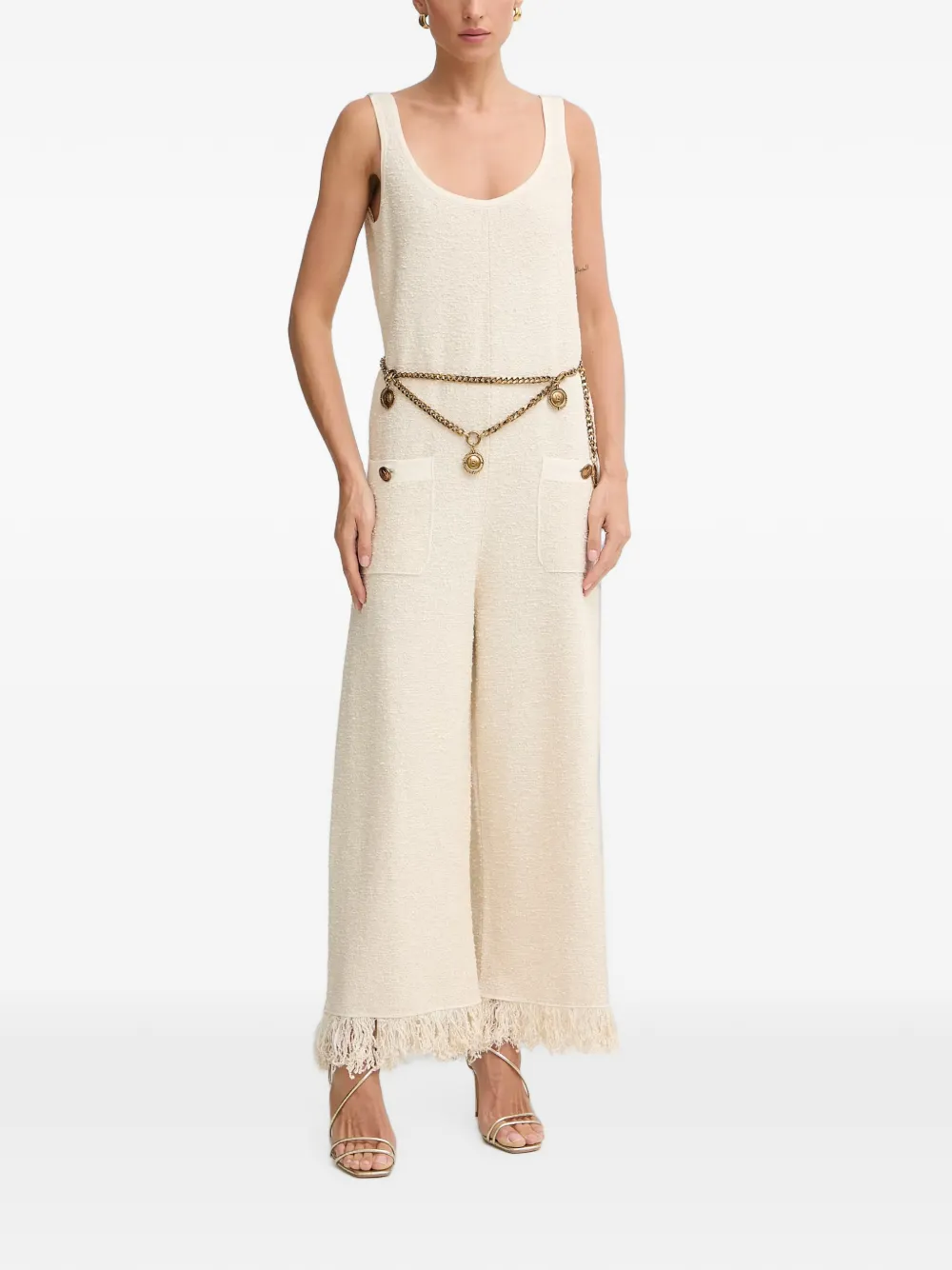 Elisabetta Franchi Jumpsuit met franje en kettingriem Beige