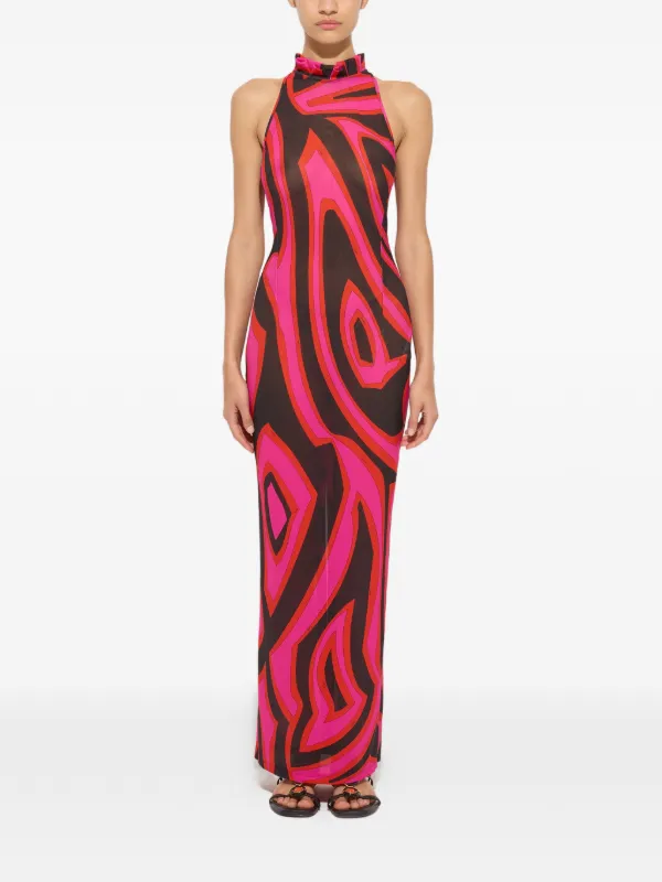 pucci evening dresses Pucci - Labirinto Print Long Fitted Dress - Size: 38 - Fuchsia & Black