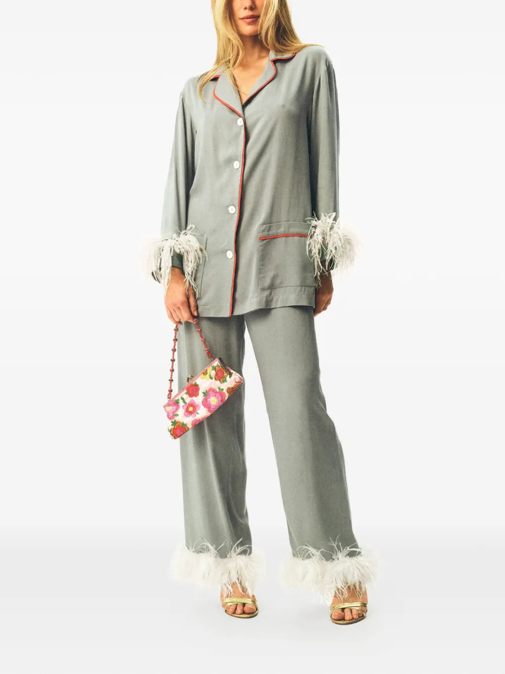 Sleeper Party pyjama met veren afwerking Grijs