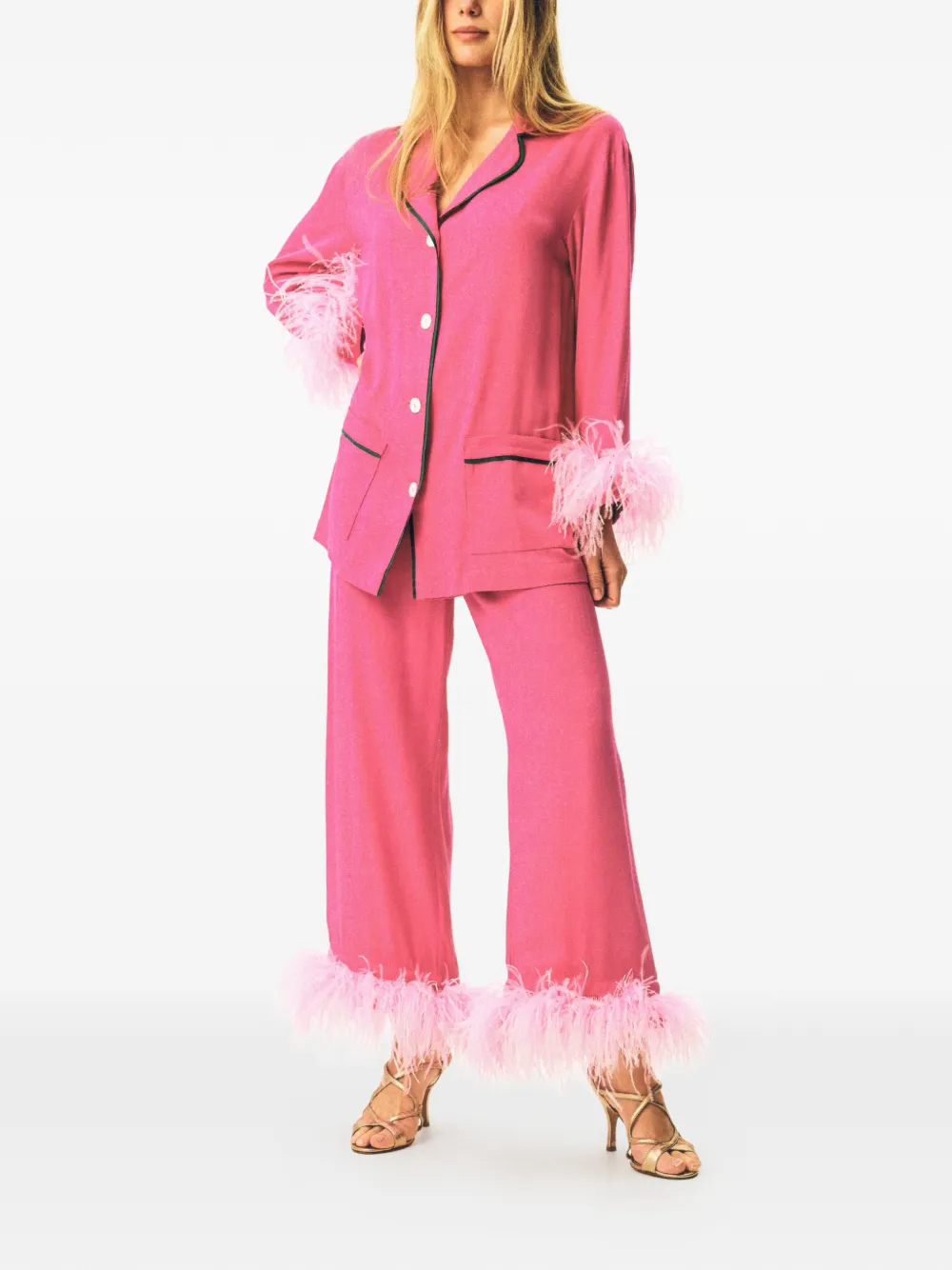 Sleeper Party pyjama met veren afwerking Roze