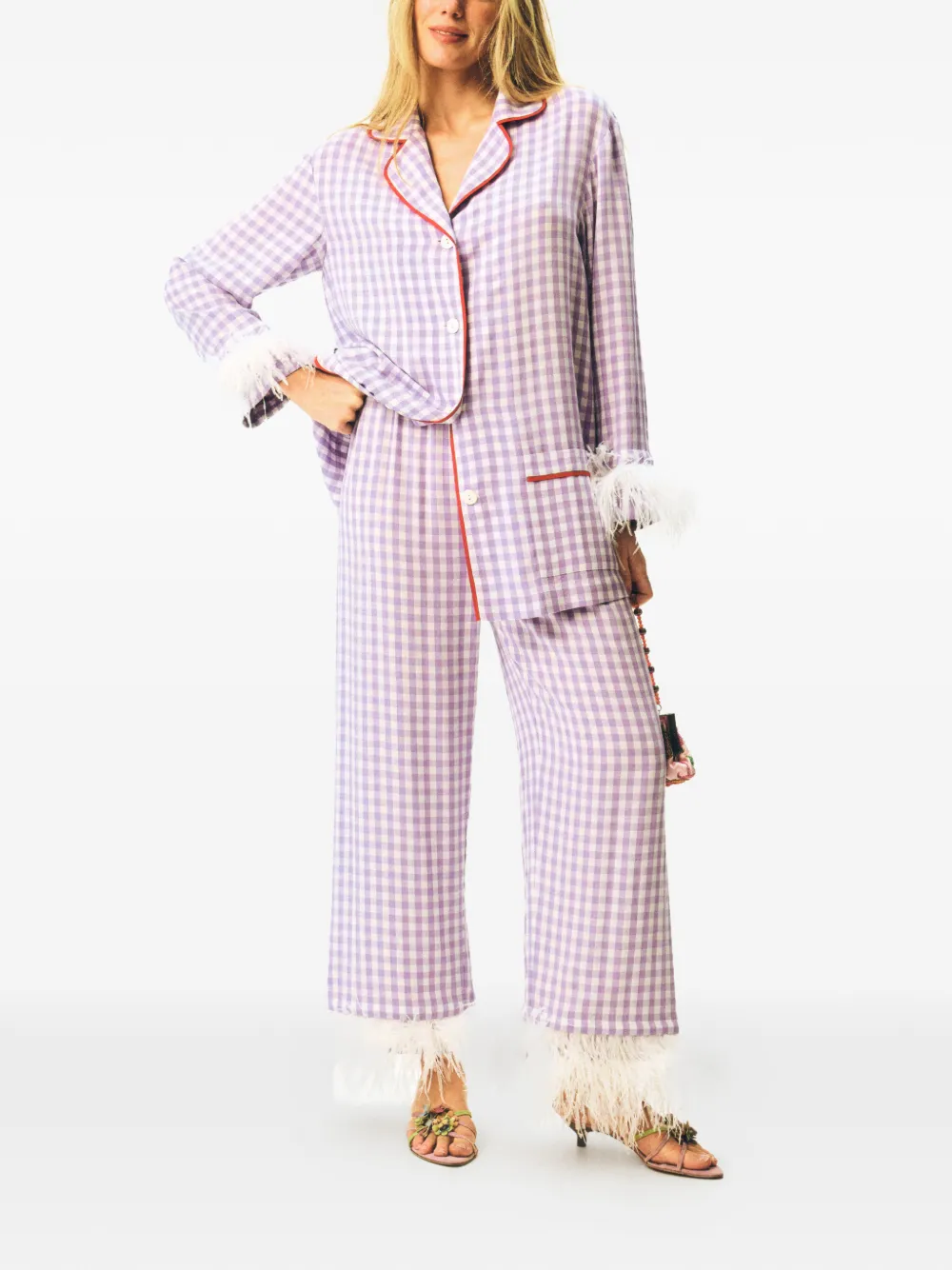 Sleeper Party pyjama met veren afwerking Paars