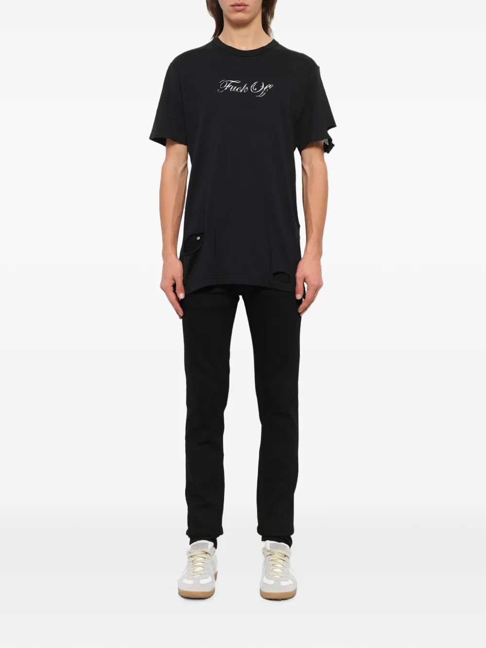 Mastermind Japan distressed slogan-print T-shirt Zwart