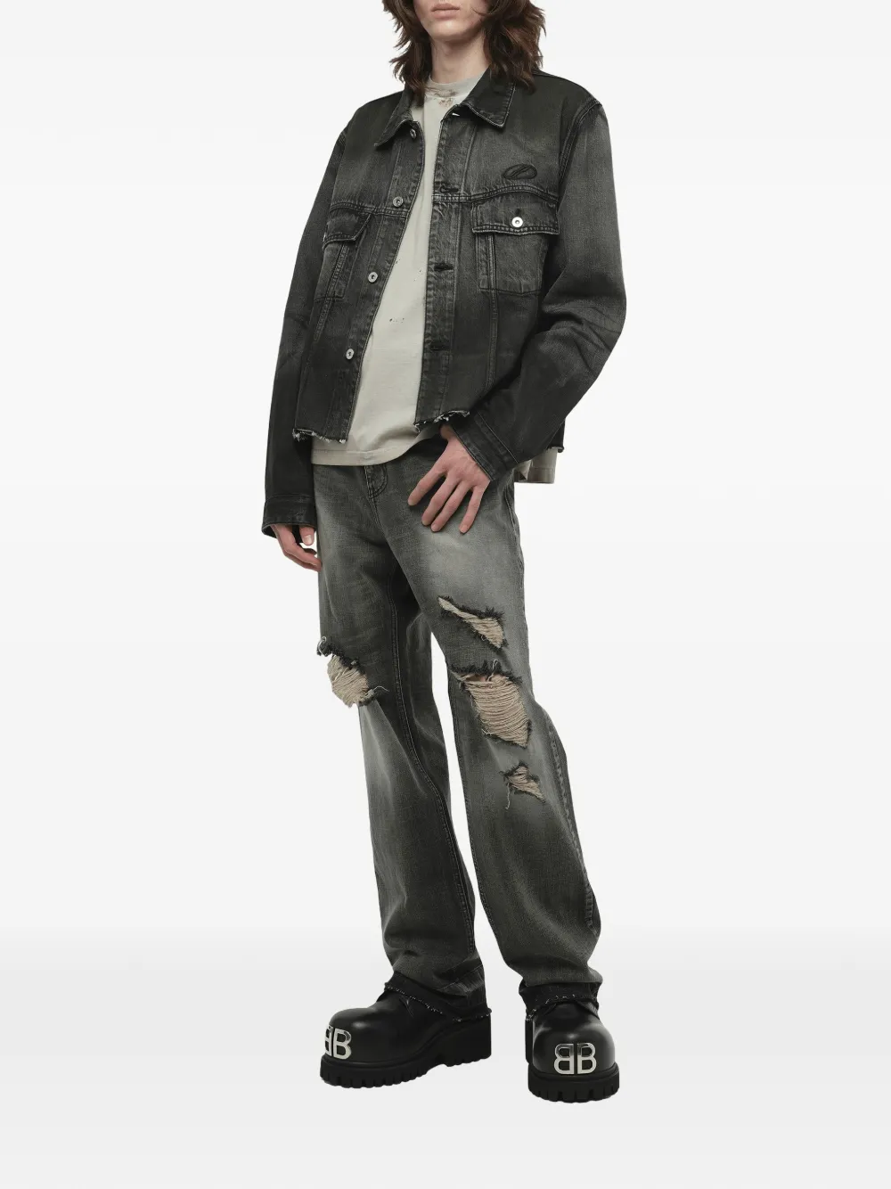 We11done Gerafeld denim jack met donkere spray Grijs
