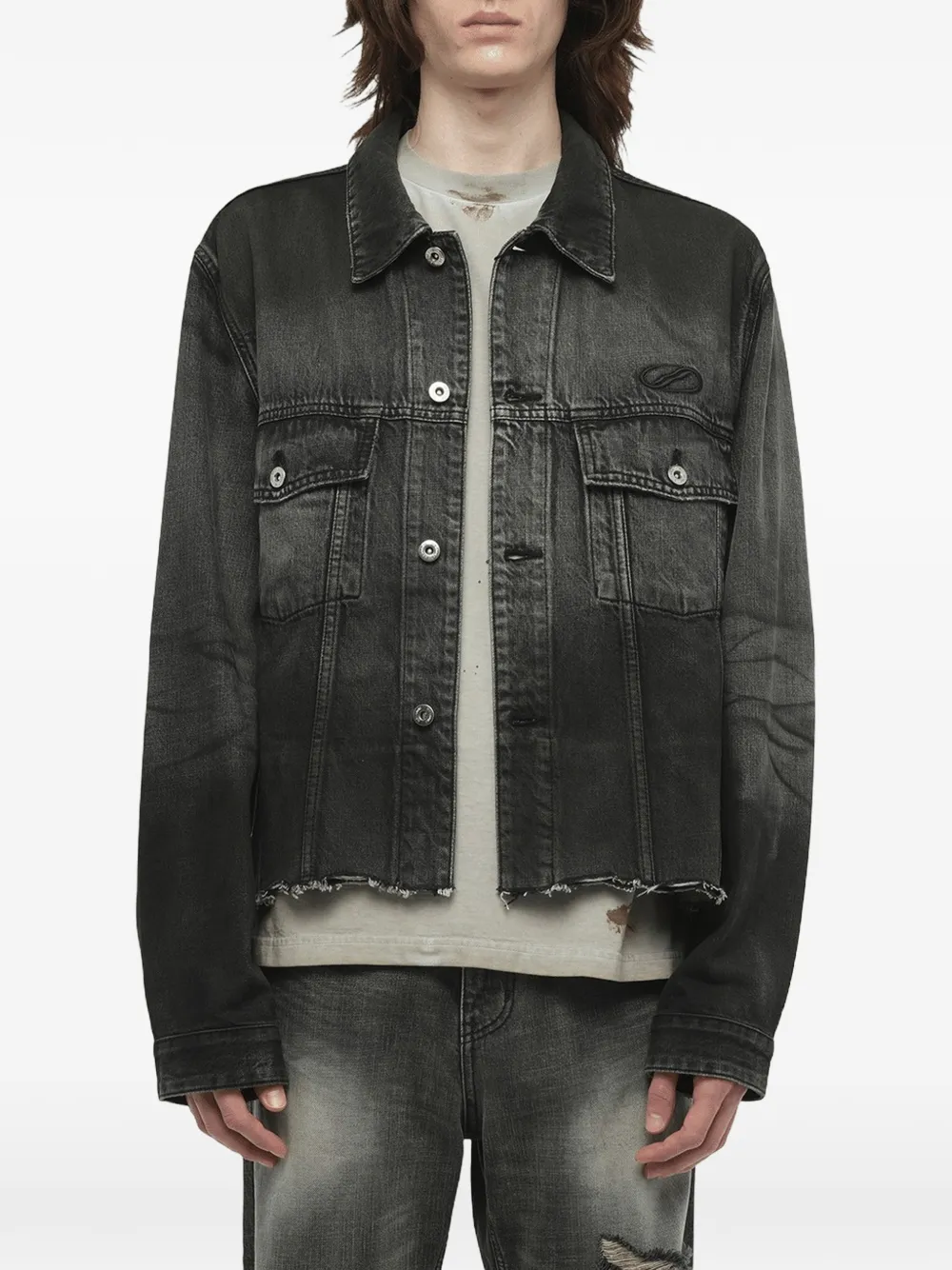 We11done Gerafeld denim jack met donkere spray Grijs